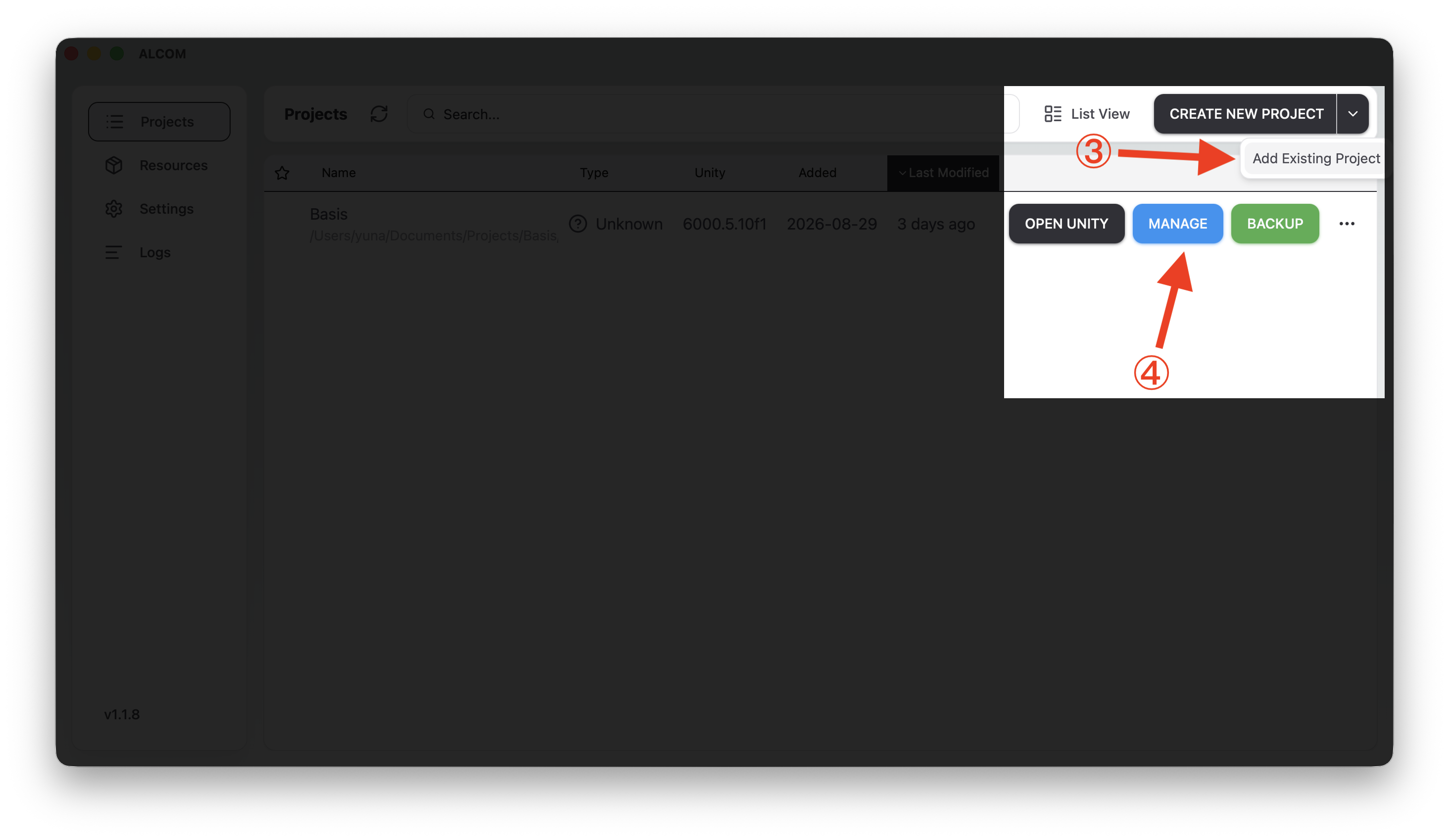 Adding an existing project and opening Manage